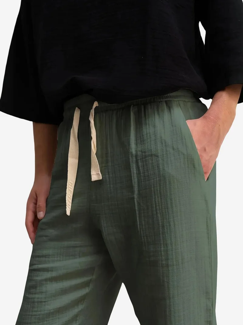 Giesto GIESTO Textured Cotton Drawstring Waist Straight Leg Pants